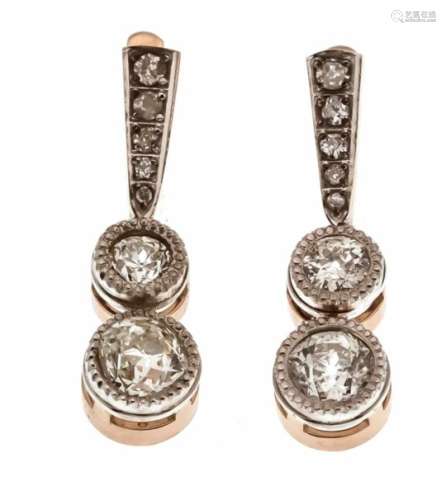 Old cut diamond earrings RG / WG 585/000 (Russia 56 hallmarked) with 2 old cut diamonds,total 2.10