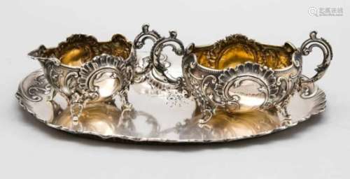 Sugar and cream jar on tray, German, around 1900, hallmarked Wilhelm Binder, SchwäbischGmünd, silver