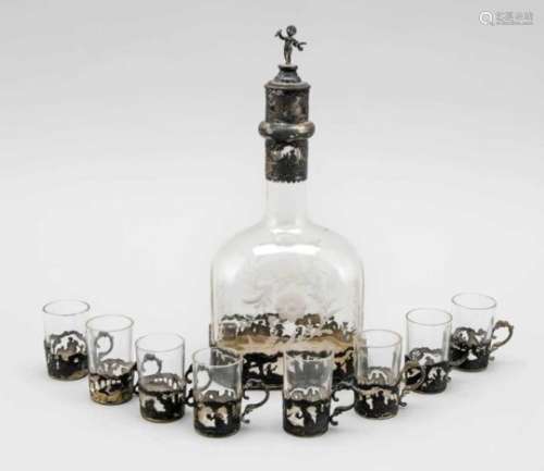 Nine-piece liqueur set, German, around 1900, probably Hanau, silver 800/000, consisting ofcarafe and