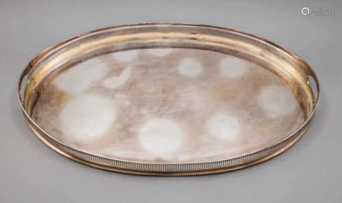 Large oval tray, Italy, 20th cent., plated, gallery rim with bar opening, smooth middle,sidely