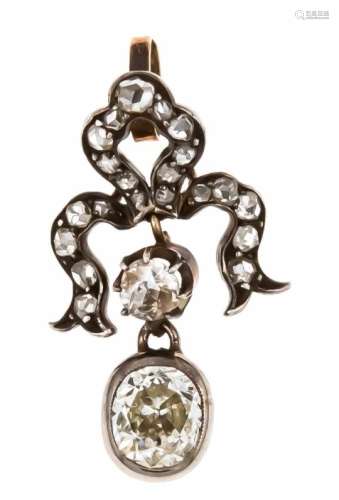 Old cut diamond pendant gold and silver around 1850 with an old cut diamond approx. 1.0 ctand old