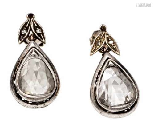 Old cut diamond stud earrings gold and silver around 1840, each with a largeteardrop-shaped old