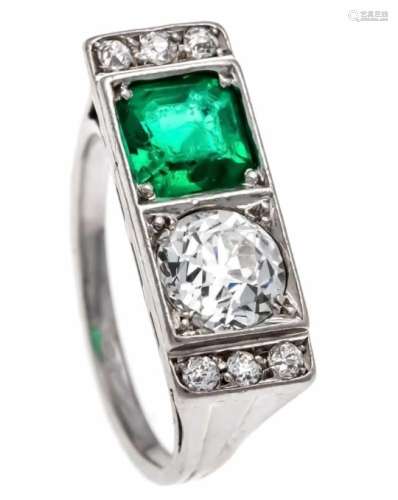Emerald old cut diamond ring WG 585/000 with a faceted emerald approx. 1.0 ct in very goodcolor,