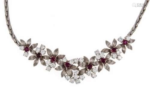 Ruby and brilliant necklace WG 750/000 with round faceted rubies 4 - 3 mm in very goodcolor and