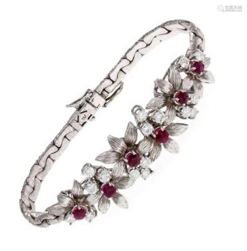 Ruby and brilliant bracelet WG 750/000 with round faceted rubies 4 - 3 mm in very goodcolor and