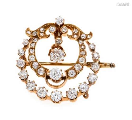 Old cut brilliant brooch RG 585/000 with 36 old cut brilliant diamonds (1x 0.37, 1 x 0.35ct and 34