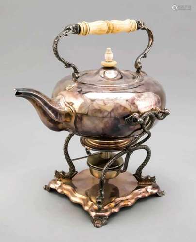 Teakettle on rechaud, around 1900, plated, rechaud with square, curved plinth on 4 feet,bars in