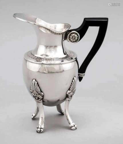 Small jug, probably 20th century, hallmarked unclear, probably under-alloyed silver, on 4claw