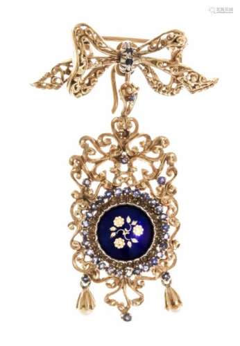Enamel brooch with pendant for hanging GG 750/000 with round fac. 1.5 mm sapphires in goodcolor