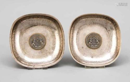 Pair of bowls, German, around 1920, silver 835/000, square shape with rounded corners,wall with