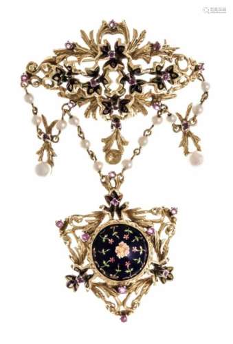 Brooch GG 750/000 with round faceted rubies, 15 pearls (1 missing) 4.5 - 3 mm and coloredenamel,