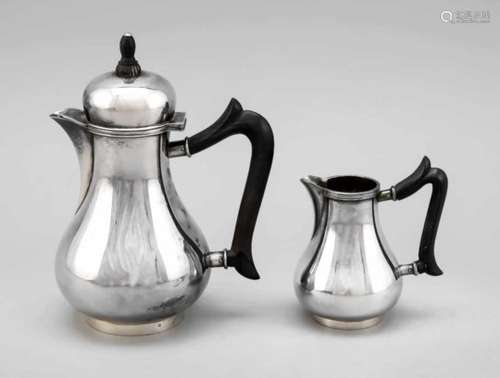 Mocha pot and jug, Netherlands, 19th century, hallmarked VKB, silver 934/000, on a roundbase ring,