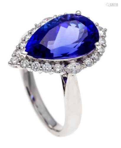 Tanzanite diamond ring WG 750/000 with an excellent teardrop-shaped fac. Tanzanite 5.77 ctin
