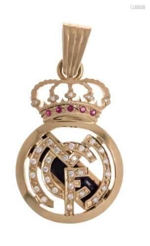Pendant FC Madrid GG 750/000 ungest., Expertized, with 5 round fac. Rubies 1.5 mm, roundfac. White