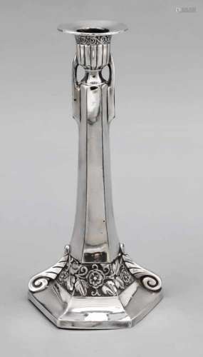 Art Nouveau candlestick, around 1910, metal, hexagonal stand, with floral reliefdecoration, angular,