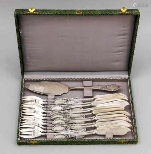 Fish cutlery for six persons, German, early 20th century, silver 800/000, with floralrelief