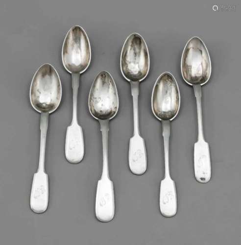 Six coffee spoons, marked Russia, late 19th century, different manufacturers, silver 84zolotniki (