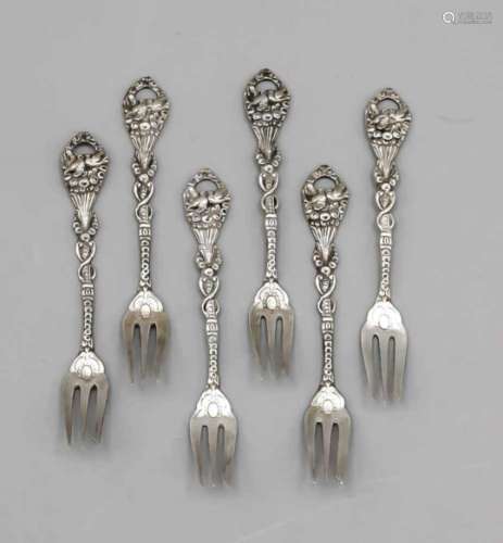 Six pastry forks, German, around 1900, silver 800/000, handle with floral and figuralrelief