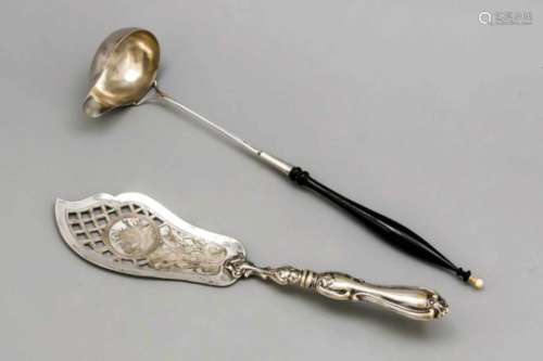 Fish server, around 1900, plated, handle with floral relief decoration, lifter openworkedwith
