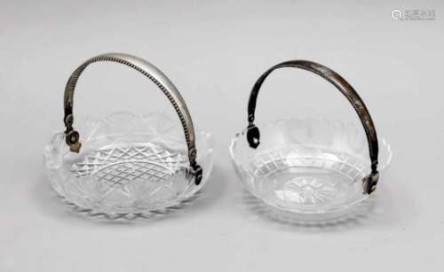 Two round bowls with silver handle mounting, Netherlands, around 1900, silver 833/000,clear glass