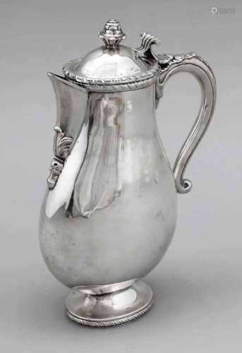 Mocha pot, 19th century, marked silver, oval domed stand, flat oval body, on the side.attached