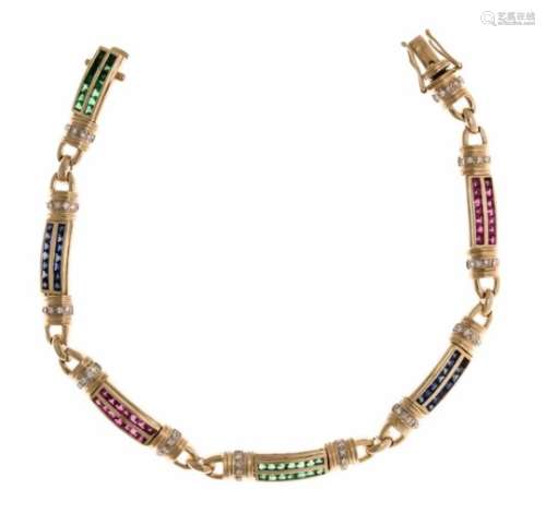 Ruby-emerald-sapphire bracelet GG 750/000, each with 28 fac. Emerald-ruby and sapphirecarrés in good