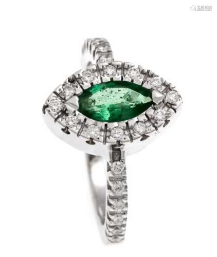 Emerald-brilliant ring WG 585/000 with a fac. Emerald navette 1.20 ct in very good colorand