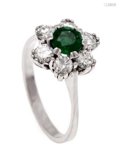 Emerald-Brilliant-Ring WG 585/000 with a round faceted emerald 5 mm in very good colorand 6