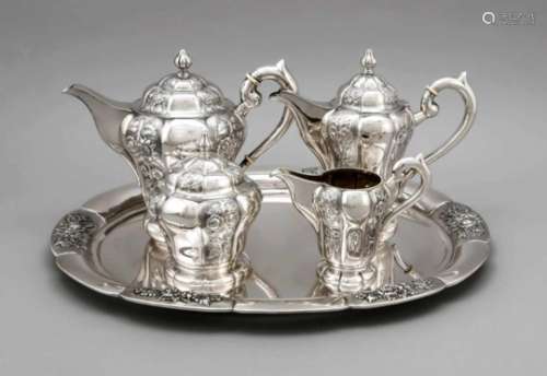 Four-piece coffee and tea set on an oval tray, 20th century, silver 835/000,flower-shaped, domed