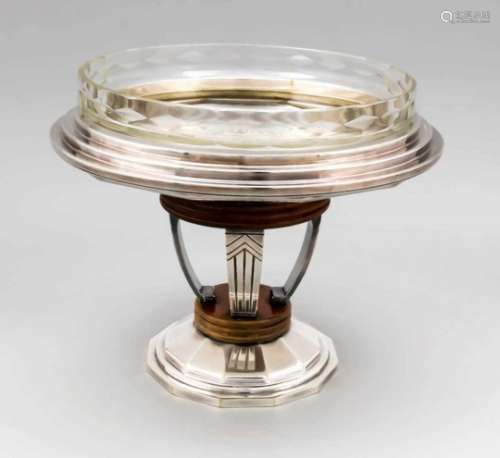 Round Art Deco bowl, around 1920/20, plated, polygonal domed stand, shaft consisting of 4pillars