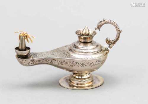 Small oil lamp, Egypt, after 1946, marked silver, oval stand, curved body, on the side.attached