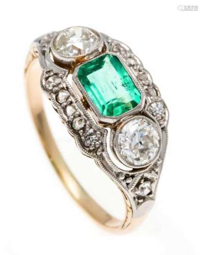 Emerald old cut diamond ring WG / GG 585/000 with a fine faceted emerald 6 x 4 mm in goodcolor, 2