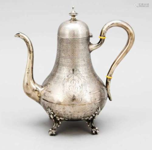 Coffee pot, France, around 1900, hallmarked unclear, silver 950/000, on 4 decorated feet,bulgy body,