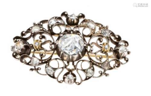 Diamond rose brooch gold and silver around 1840 with a very clear diamond rose 7.5 mm and14