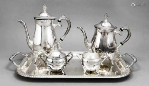 Four-piece piece of coffee and tea set, 20th century, plated, each on 4 decorated feet,smooth, bulgy