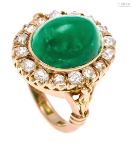 Emerald old cut diamond ring RG 585/000 with a fine emerald cabochon 14 x 11 mm in verygood color