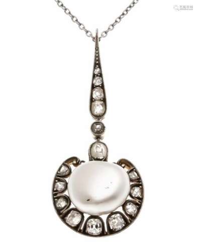 Pearl old cut diamond pendant platinum and gold with a baroque pearl 11 x 9 mm and old