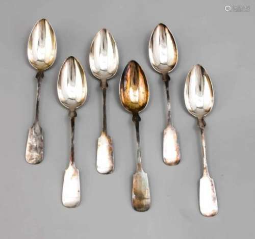 Six table spoons, German, 20th century, silver 800/000, spade shape, l. 22 cm, approx. 291gSechs