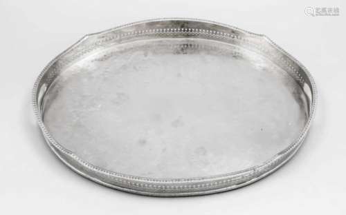 Oval tray, 20th century, plated, on 4 feet, gallery edge with side. handle, middle withrich floral