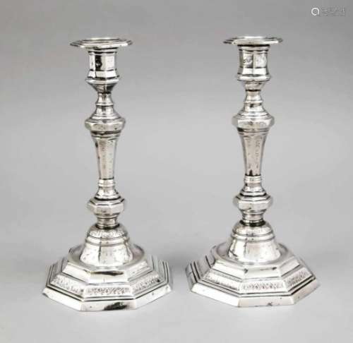 A pair of historicism candlesticks, late 19th century, plated, octagonal stand, balustershaft,