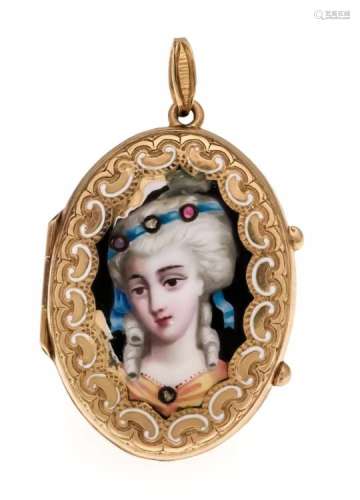 Enamel pendant GG 750/000 ungest., Expertized, with a fine enamel, around 1880, depictionof a