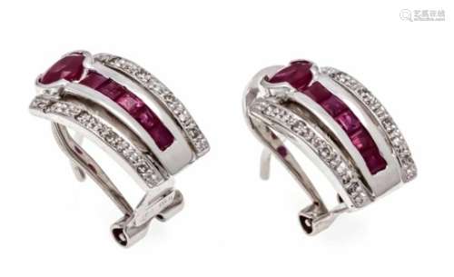 Ruby-brilliant clip stud earrings WG 750/000 with 2 oval and 10 carré-shaped fac. Rubies 5- 2 mm and