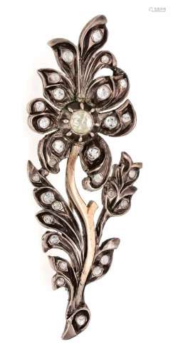 Brooch RG 585/000 and silver 925/000, undet., Expertized, with round fac., Whitegemstones, L. 62 mm,