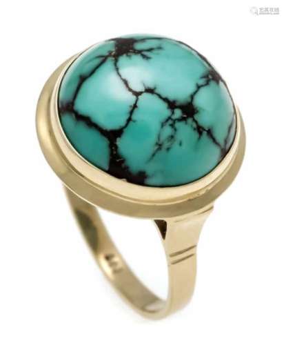 Turquoise ring GG 585/000 with a round matrix turquoise cabochon 13 mm, ring size 53, 3.8gTürkis-