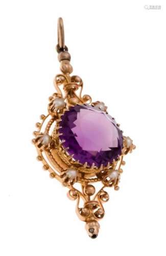 Biedermeier pendant RG 585/000 with a round fac. Amethyst 12.5 mm and 6 oriental pearls 2mm, L. 45