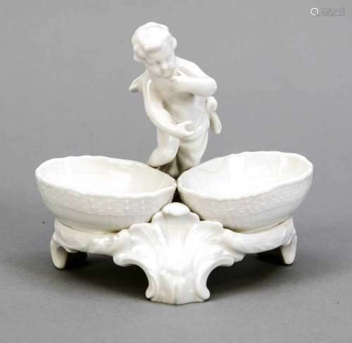 Saliere, KPM Berlin, mark 1962-92, 2nd quality, form Neuozier, white, putto standingbetween the