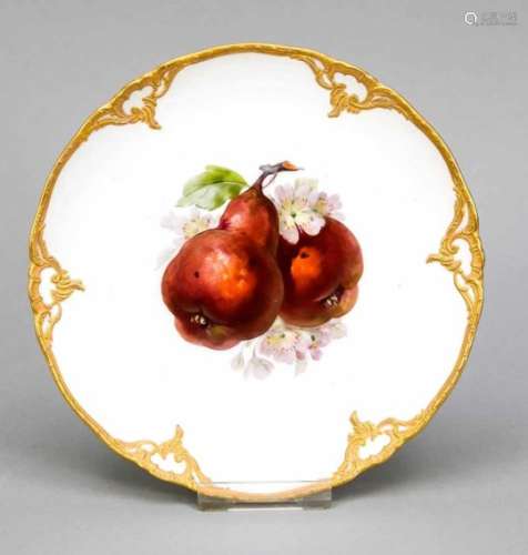 Fruit plate, KPM Berlin, year letter for 1909, 1st quality, red orb mark, relief border,matt gold-