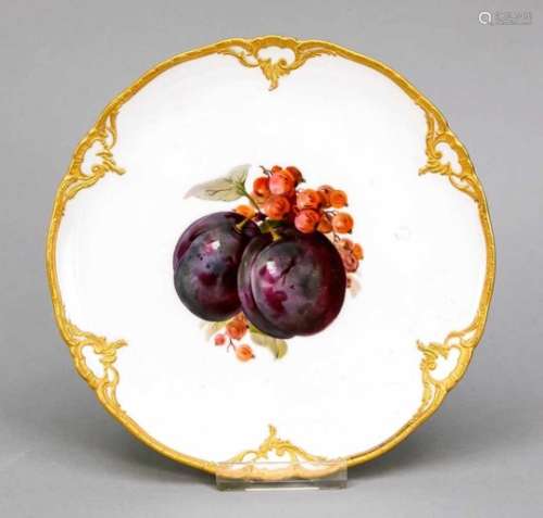 Fruit plate, KPM Berlin, stamp before 1945, 1st quality, red orb mark, relief border, mattgold-