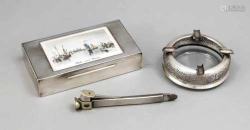 Mixed lot of three smoking utensils, round ashtray, Vietnam, 20th century, silver 900/000,glass body