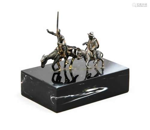 Don Quixote and Sancho Pansa, 20th century, 800/000 silver, mounted on black plinth. l.6.5 cmDon